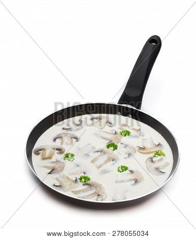 Mushroom  Cream Sauce In A Pan Isolated On White