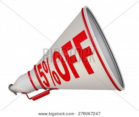 5%off. White Labeled Megaphone. White Megaphone With Red Inscription 5% Off. Isolated On A White Bac