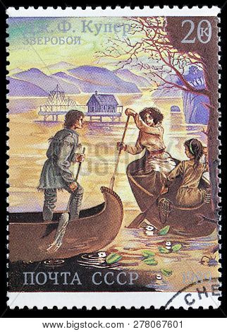Luga, Russia - June 6, 2018: A Stamp Printed By Russia (ussr) Shows Scene From James Fenimore Cooper