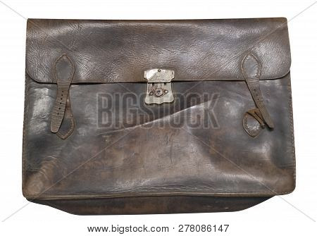 Leather Briefcase Isolated On White Phoneme. Old Shabby Leather Briefcase .