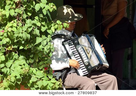 Accordian player at the DÃ­a de los Muertos - Day of the Dead Celebrations on Olevera Street, Los Angeles, California