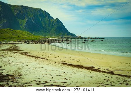 Seascape, Sea Coast With Sandy Beach In Resort Bleik. Andoya Norway. Vesteralen Archipelago.