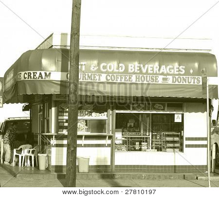 Antiqued image of a downtown Los Angeles hamburger stand,
