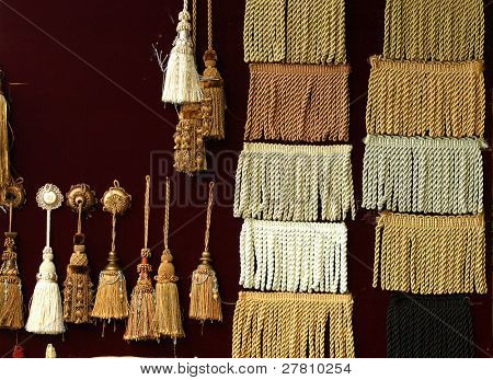 Display board of textile trims in the Los Angeles Fashion District
