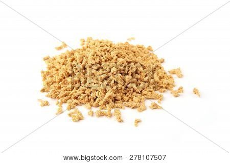 Raw Soy Mince Pile Isolated On White Background. Dry Soya Mince Meat.