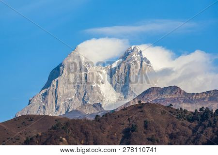 Two High Rocky Summits Of Ushba Mountain In Svaneti Region Of Georgia