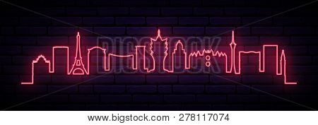 Pink Neon Skyline Of Macau City. Bright Macau Long Banner. Vector Illustration.