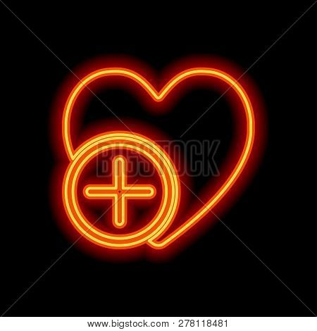Heart And Plus. Simple Silhouette. Orange Neon Style On Black Background. Light Icon