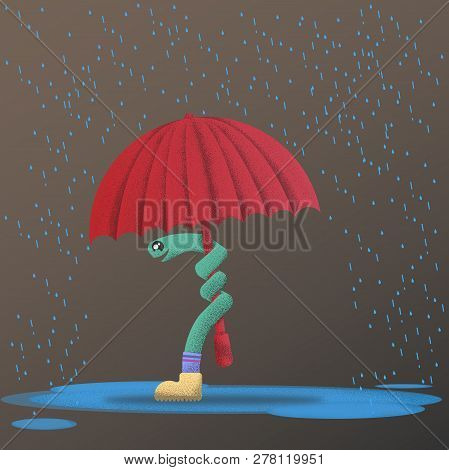 Winter Rain Green Worm With Umbrella Illustration