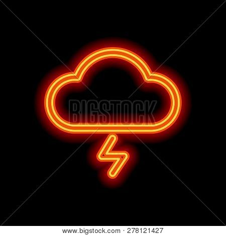 Cloud And Lightning. Simple Outline Icon. Linear Symbol With Thin Outline. Orange Neon Style On Blac