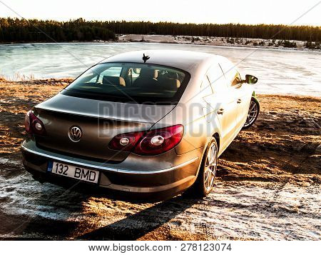 Tallinn, Estonia - January 22, 2017: Metallic Volkswagen Passat Cc At The Manniku Lake. Sunny Winter