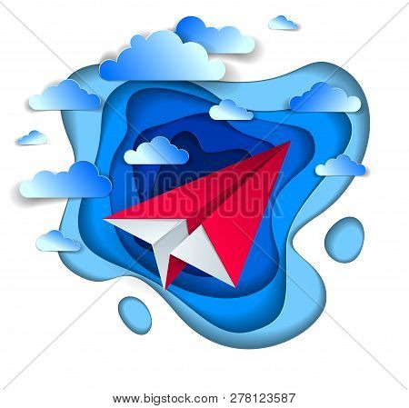 Origami Paper Plane Toy Flying In The Sky With Beautiful Clouds, Perfect Vector Illustration Of Scen