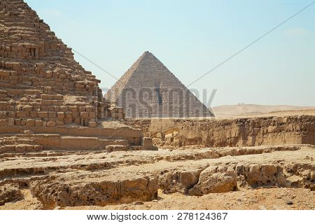 Pyramids Of Giza In Cairo - Two Greatest Egypt Pyramids, Clouseup View On Blue Sky Background With N