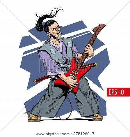 Samurai In Kimono Playing Electric Guitar. Japanese Guitarist, Rock Concert. Comic Style Vector Illu