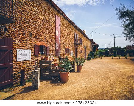 July 19, 2017. Village Ameugny France Burgundy Region In Summer. Old Stone Facade Of The Apartment B