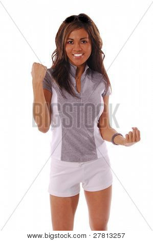 Donna sexy allenamento flette le sue cozze isolata sopra bianco
