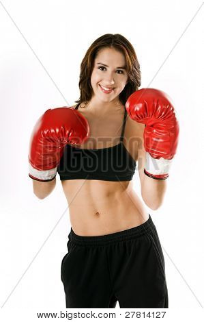 sexy und gut Fit Boxerin klopft ihre Handschuhe zusammen