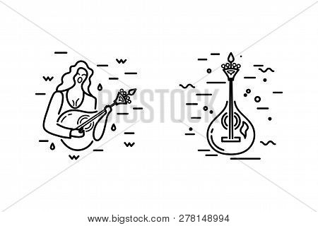Woman With Guitar Is Singing A Song. Acoustic Guitar Logo Design. Portuguese Sad Song Fado. Flat And