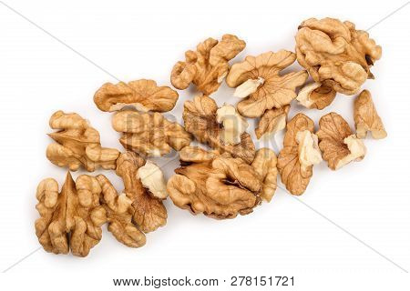 Peelled Walnuts Isolated On White Background. Top View. Flat Lay