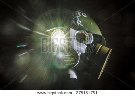 Art Picture Of A Military Gas Mask On A White Brick Wall With Shadows With Flash With The Inscriptio
