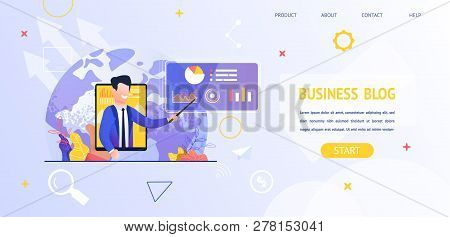 Illustration Man Tell About News Stock Exchange. Banner Viewing Video Business Blog Online Tablet Sc