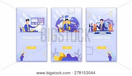 Vector Set Illustration View Business Blog Online. Banner Image Male Presenter Talk About Situation 