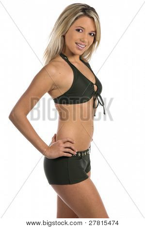 Sexy kobieta w khaki zielony i biały bikini Bikini przez pływać Bay