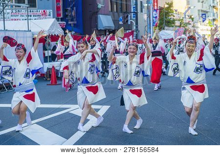 Tokyo - Aug 26 : Participants In The Awa Odori Festival In Tokyo, Japan On August 26 2018. Awa Odori
