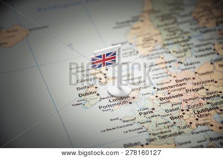United Kingdom Marked With A Flag On The Map
