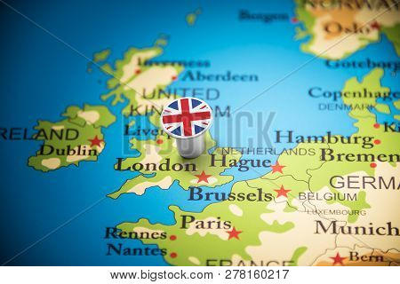 United Kingdom Marked With A Flag On The Map