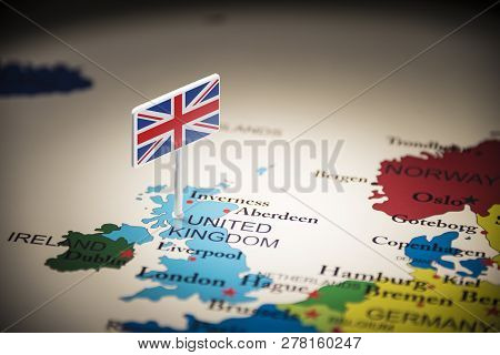 United Kingdom Marked With A Flag On The Map
