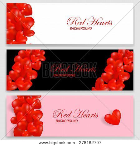 Festive Banners Set With Red Herts. Set Of Horizontal Banners For Brochures Or Vouchers. Vector Eps1