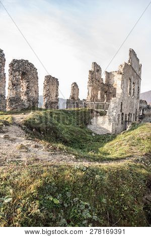 Ruins Of Povazsky Hrad Castle Above Povazska Bystrica City In Slovakia During Nice Autumn Day With B