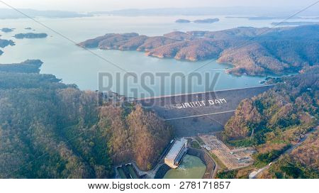 Aerial View Of Sirikit Dam At Uttaradit Province,thailand, It Was Built For The Purpose Of Irrigatio