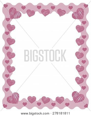 Pink Zig Zag Frame Border With Red Pink Hearts And Place For Greeting Card Text For Valentines Day, 