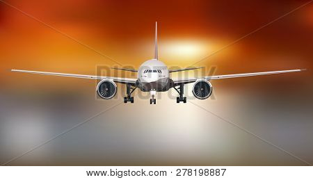 Plane Flying In Dramatic Sunset Light Vector Illustration