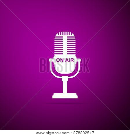 Microphone Icon Isolated On Purple Ound. On Air Radio Mic Microphone. Speaker Sign. Flat Design. Vec