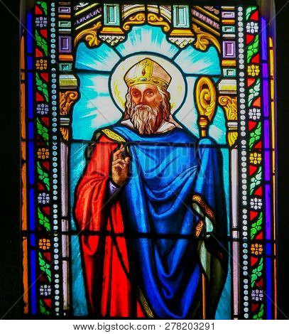 Antibes, France - November 16, 2018: Stained Glass In The Church Of Antibes, France, Depicting Saint