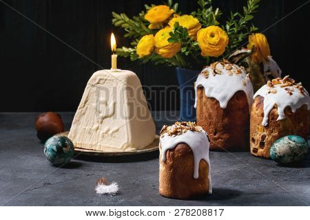 Set Of Traditional Russian And Ukrainian Easter Cake Kulich Paska Bread Glazed With Almond, Whole An