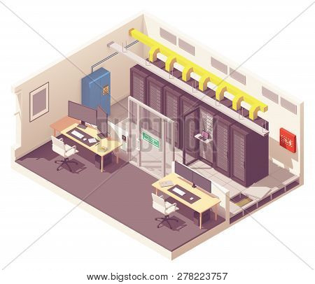 Vector Isometric Data Center Or Server Room With Server Racks And Air Conditioning System And Card R