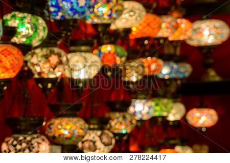 Lamps In Grand Bazaar As Creative Abstract Blur Background, Istanbul, Turkey. Colorful Craft Gifts I