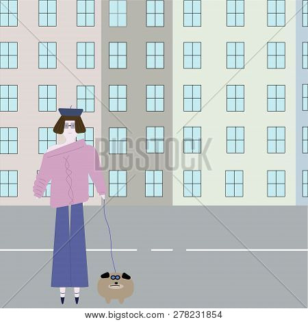 Vertor Art Style Girl Fashion Dog Walk