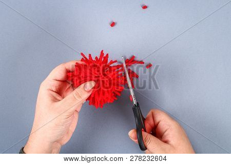 Red Handmade Diy Monster Pom Pom From Yarn, Chenille Stems In Shape Heart. Gift Ideas For Valentines