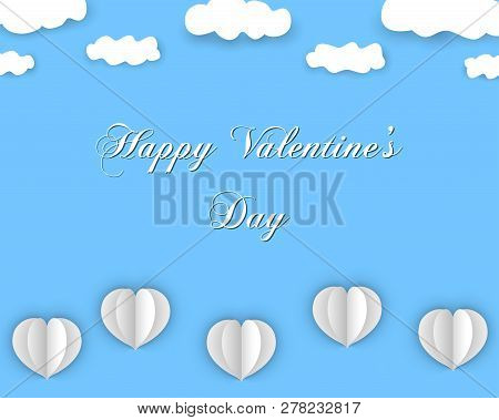 Happy Valentines Day Design In Paper Style, With Flying Hearts And Clouds, On Blue Color Background.