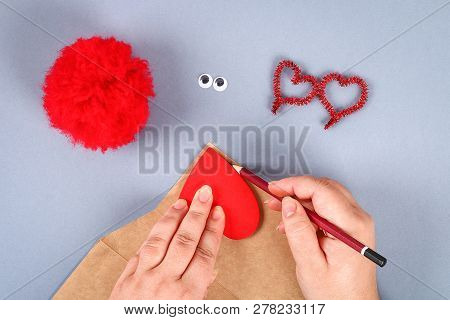 Red Handmade Diy Monster Pom Pom From Yarn, Chenille Stems In Shape Heart. Gift Ideas For Valentines