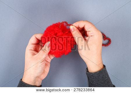 Red Handmade Diy Monster Pom Pom From Yarn, Chenille Stems In Shape Heart. Gift Ideas For Valentines