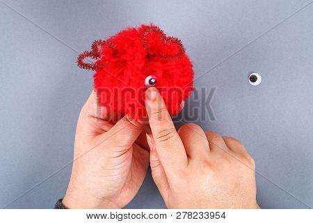 Red Handmade Diy Monster Pom Pom From Yarn, Chenille Stems In Shape Heart. Gift Ideas For Valentines