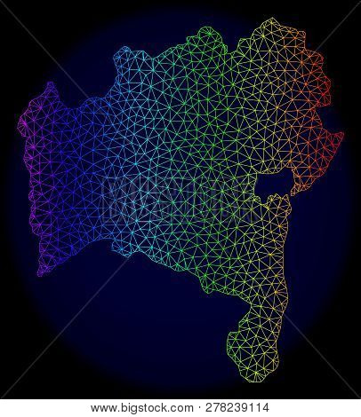 Rainbow Colored Mesh Vector Map Of Bahia State Isolated On A Dark Blue Background. Abstract Lines, T