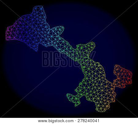 Rainbow Colored Mesh Vector Map Of Gansu Province Isolated On A Dark Blue Background. Abstract Lines