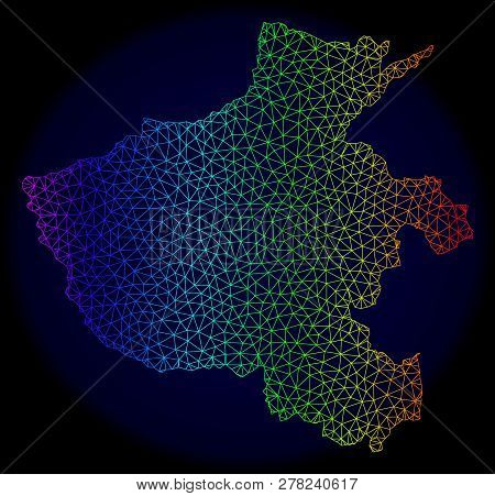 Spectrum Colored Mesh Vector Map Of Henan Province Isolated On A Dark Blue Background. Abstract Line